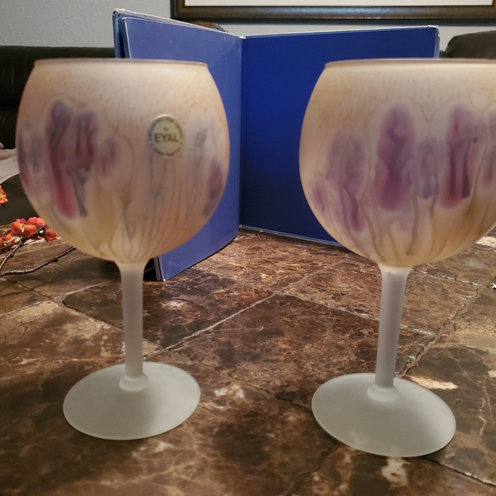 Pair of 2 EYAL Hand Blown Goblets Frosted Glass NWT
